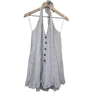 Hem Thread Womens Romper Ruffle Backless Smoked Halter Gray White Stripe Size M
